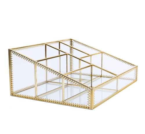 Gold Large Glass Makeup Organizer - 6 Compartments Vanity & Countertop Storage