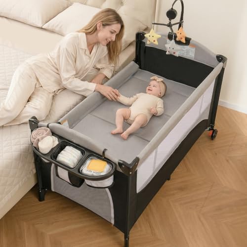 INFANS 5 in 1 Portable Baby Playard & Bedside Crib - Gray
