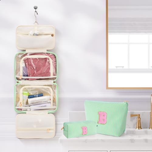 Personalized Toiletry Bag Set for Teen Girls - Green Initial Makeup & Travel Cosmetic Bag B