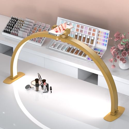 Premium Large Half Moon LED Light for Nail Tech, Foldable Arch Light for Nail Desk Lamp with Phone Stand Perfect for Manicure Handicraft Lighting (Golden, Large)