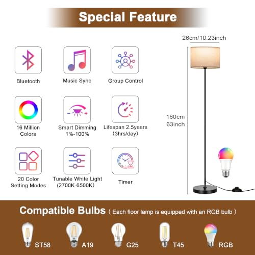 FRIDEKO HOME Beige 2-Pack Floor Lamps with Remote & Color Changing LED Bulbs