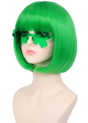 Green Bob Wig with Bangs, Accessories & Stickers for St Patrick's Day Costume