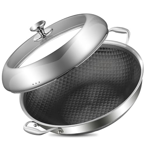 Black 14-Inch Tri-Ply Stainless Steel Wok Pan with Lid - DELARLO
