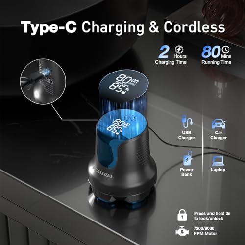 PRITECH Electric Head Shaver for Bald Men - Blue, 6 Floating Rotary Heads, Waterproof & Cordless