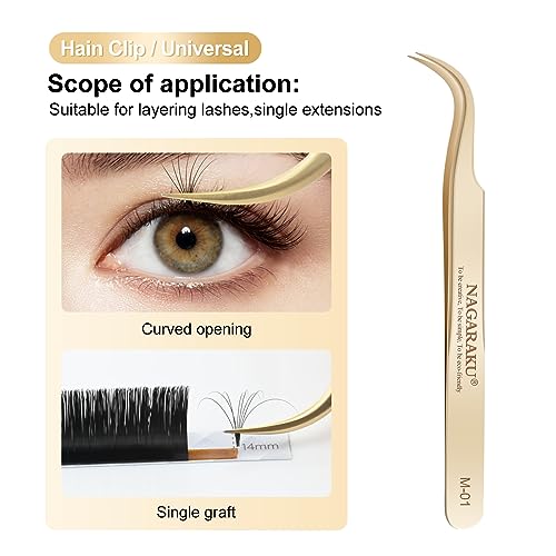 NAGARAKU Tweezers for Eyelash Extensions Straight and Curved Precision Professional Volume Easy Fanning lash Precise Point 1 Pair Tweezers for Lash(M-01 and M-02)