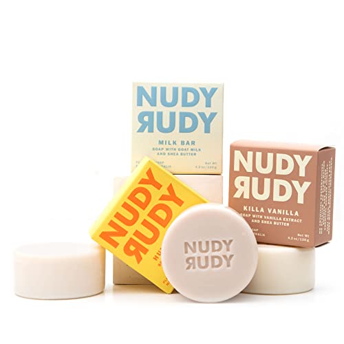 Nudy Rudy Milkshake Bundle Bar Soap Pucks with Organic Shea Butter - Pack of 3, 4.2 oz Each, Includes Honey Bunny, Killa Vanilla & Milk Bar