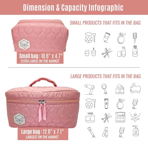 XL Quilted Makeup Bag Set of 2 - Large Waterproof Cosmetic & Toiletry Organizer for Travel & Daily Use