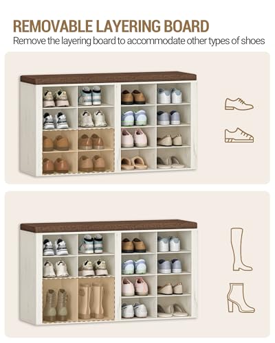 Rustic White Shoe Storage Bench with Cushion - 16 Cubby Entryway Organizer
