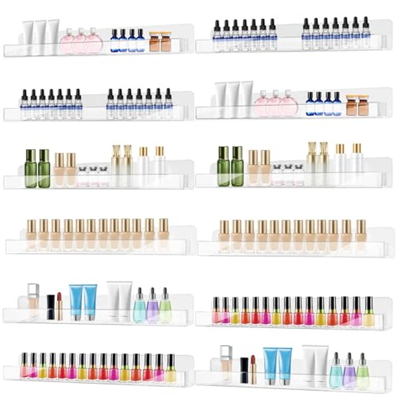 12 Pack Wall Mounted Acrylic Nail Polish Organizer Rack 15 Inch Clear Nail Polish Shelf with Removable Ends Multi-Purpose Shelf for Essential Oils Cosmetics Storage Display