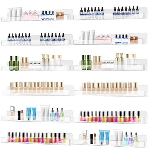 Clear Wall Mounted Acrylic Nail Polish Organizer Rack - 12 Pack, 15 Inch Multi-Purpose Shelf with Removable Ends