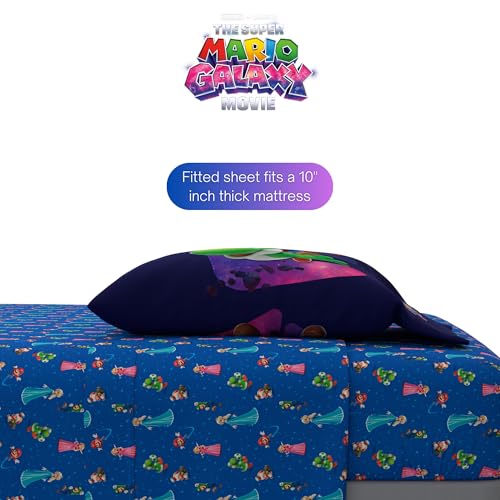 Super Mario Galaxy Movie Bedding Set - Twin Reversible Comforter & Sheet Set, Kids Officially Licensed