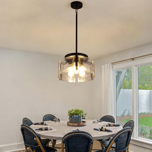3 Light Black Modern Farmhouse Chandelier Pendant for Dining Room, Adjustable Glass Shade