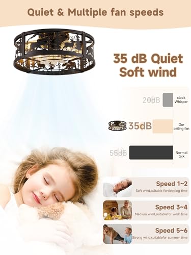 18 Inch Rustic Farmhouse Ceiling Fan with Light - Bear & Deer Silhouettes, Remote Control
