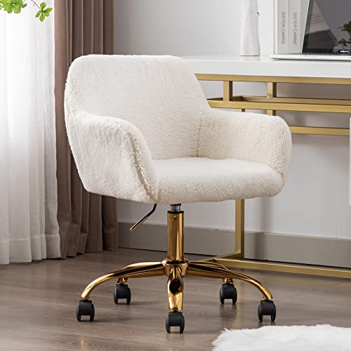 Faux Fur Office Desk Chair with Wheels and Adjustable Height - White with Gold Base Variation