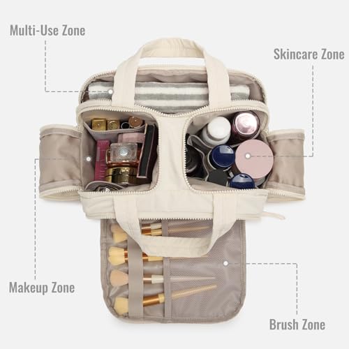 White Large Quilted Travel Toiletry Bag with Water-Resistant PVC & Mesh Pockets