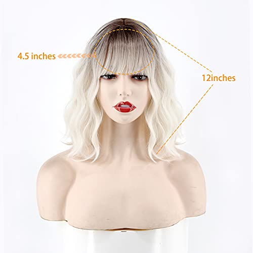 MISSQUEEN Short Platinum Blonde Wavy Wig with Bangs - Dark Roots, 12 Inch Cosplay & Daily Use