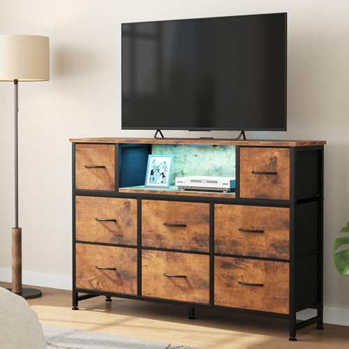 Brown LED TV Stand with Charging Station and 8 Fabric Drawers - 47.2 Inch