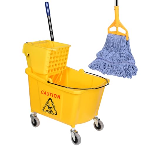 HiBaBy Commercial Mop Bucket & Blue Microfiber Mop Set with Yellow 35-Quart On Wheels