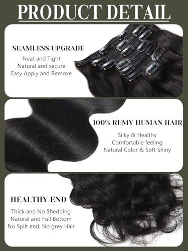 Black Hair Clip-In Extensions 16 Inch Body Wave Human Hair Natural Black