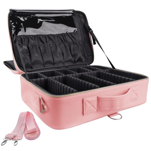 Large Pink Travel Makeup Case Organizer with Adjustable Dividers & Shoulder Strap