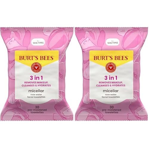 Burt's Bees Facial Towelettes, Micellar with Rose Water, All Skin Types, 30 ct Pack of 2 | Pre-Moistened | 99.5% Natural Origin