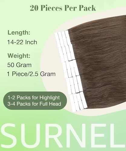 14 Inch Human Hair Tape-in Extensions - #4 Medium Brown, 20pcs 50g, Straight, Reusable, Easy Application