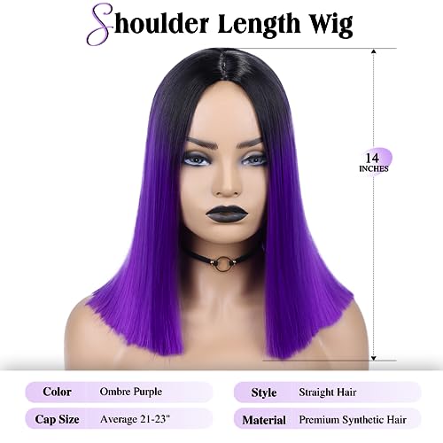 Ombre Purple Short Straight Wig for Women - Shoulder Length Synthetic Cosplay & Daily Wear - Variation: Ombre Purple