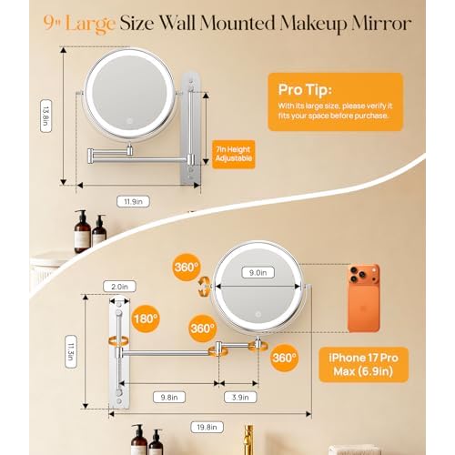 Gospire 9¡± Wall Mounted Lighted Makeup Mirror with Magnification 10X, 7in Height Adjustable Vanity Lighted Mirrors for Bathroom Wall, 360¡Æ Extended Arm Shaving Wall Mirror with Lights - Chrome