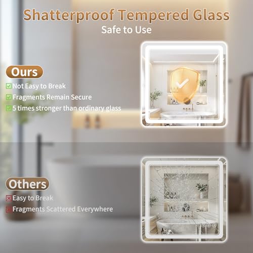 30x30 Inch LED Bathroom Mirror with Lights Anti-Fog Dimmable & Memory