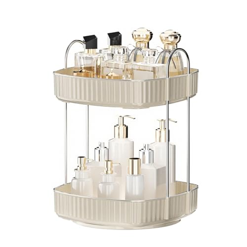 YCIA&DONE 360 Rotating Makeup Organizer for Vanity, 2 Tiers New Square Shaped Cosmetics Skincare Bathroom Organizers Countertop, Perfume Stand Counter Tray, Warm White