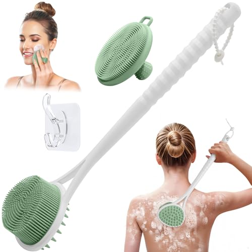 Silicone Back & Face Scrubber Set, 15.35¡¯¡¯ Soft Back Scrubber for Shower with Dual-Side Brush Head, Gentle Silicone Facial Scrubber Face Brush for Deep Lathering & Cleansing(Green-2PCS)