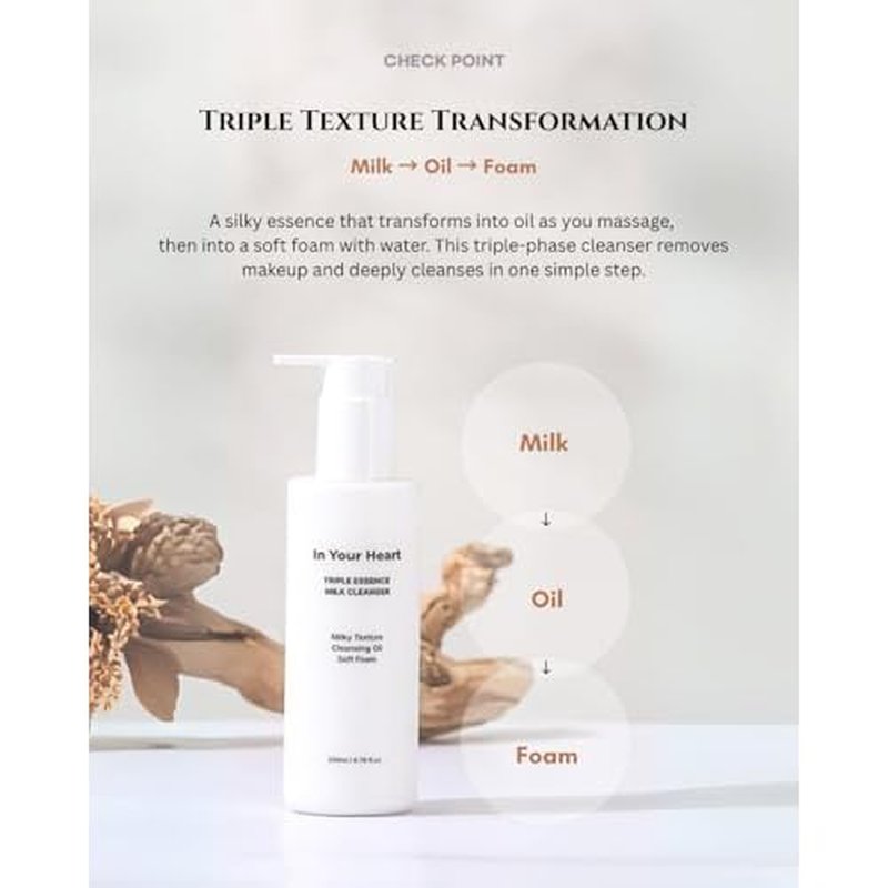 In Your Heart Triple Essence Milk Cleanser ? 3-in-1 Milky to Oil to Foam Cleanser & Makeup Remover | Hyaluronic Acid, Galactomyces, Chamomile | Korean Skincare, 200ml / 6.76 fl oz
