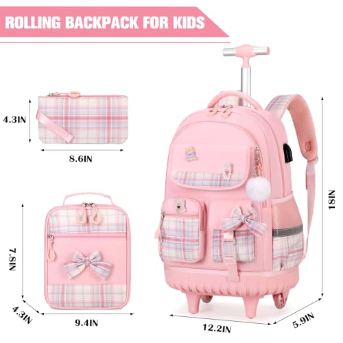 Pink Kids Rolling Backpack with Lunch Bag & Pencil Pouch - 3-in-1 School Bag