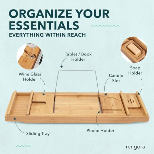Expandable Wooden Bath Tray for Tub – 43-Inch Bathroom Caddy with Storage Shelf