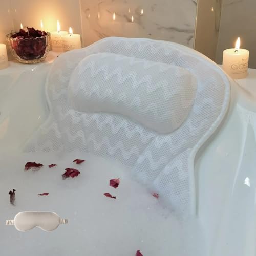 Bath Pillow, Luxury Bathtub Pillows for Neck and Back Support,Bath Tub Pillow with Soft 4D Breathable Mesh Fabric and Nonslip Suction Cups,Relaxing Bath Accessories Spa Gifts .(Wave White)