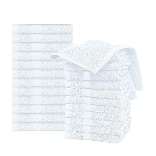 Washcloths 24 Pack 100% Cotton 12 x 12 Inches (White) Durable, Lightweight, Bath Rags, Wash Rag, Commercial Grade and Ultra Absorbent Cleaning Towels
