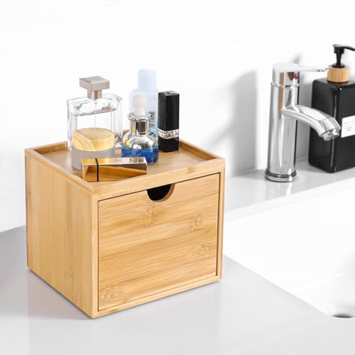 Bamboo Facial Tissue Holder with Drawer and Top Shelf for Bathroom Counter