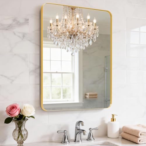 18x30 Inch Gold Bathroom Mirror with Aluminum Frame - Over Sink Wall Decor - Variation: Gold / 30"L x 18"W