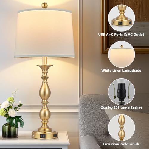 Gold 2 Pack Modern Table Lamps with USB Ports & AC Outlet - 3-Way Touch Bedside Lamps for Bedroom & Living Room