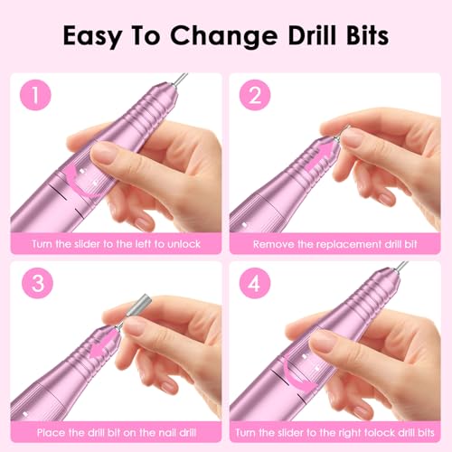 Pink Portable Electric Nail Drill File - Professional 45,000 RPM E-File Machine