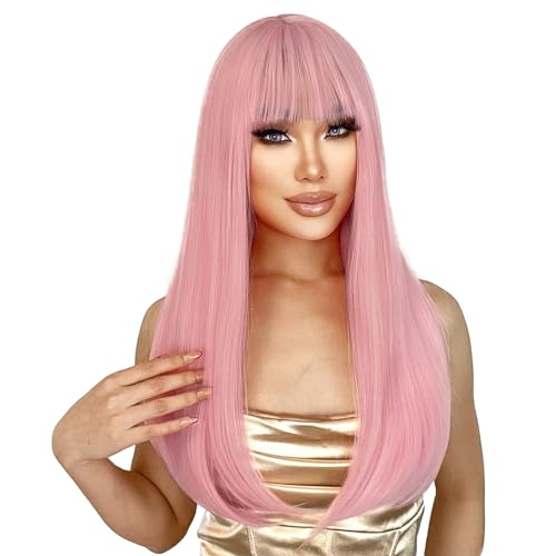 Light Pink Long Straight Wig with Bangs - 22 Inch Synthetic Cosplay & Daily Wear