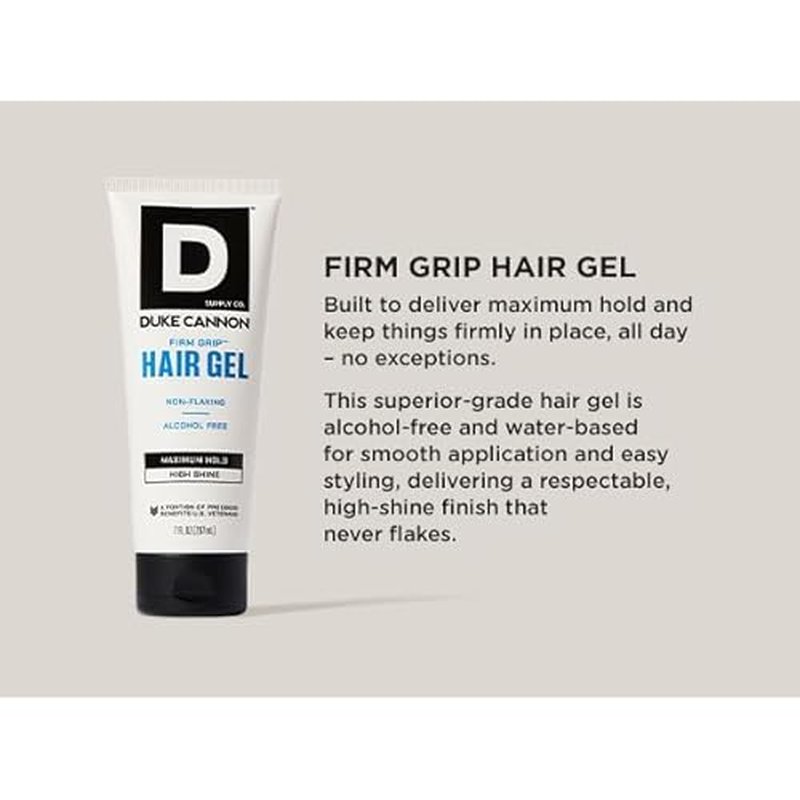 Duke Cannon Firm Grip Hair Gel, 7 oz ? Maximum Hold, High Shine, Alcohol-Free, Water-Based Formula with Coconut Oil & Oat Extract, Ideal for Short to Medium Styles