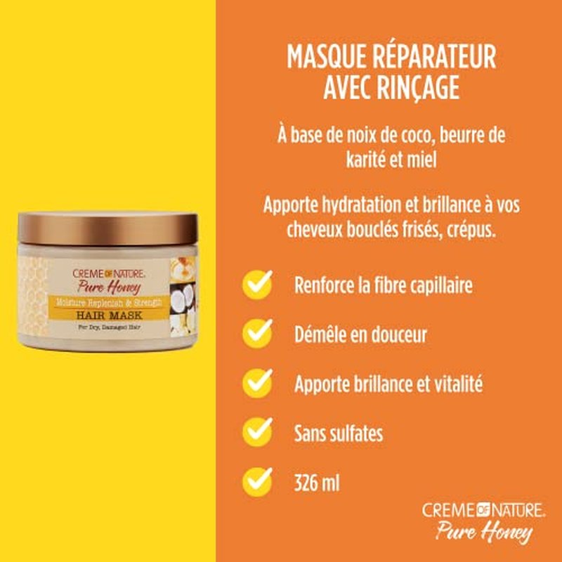Hair Mask by Creme of Nature, Pure Honey, Coconut Oil and Shea Butter Formula, Moisture Replenish & Strength, 11.5 Oz