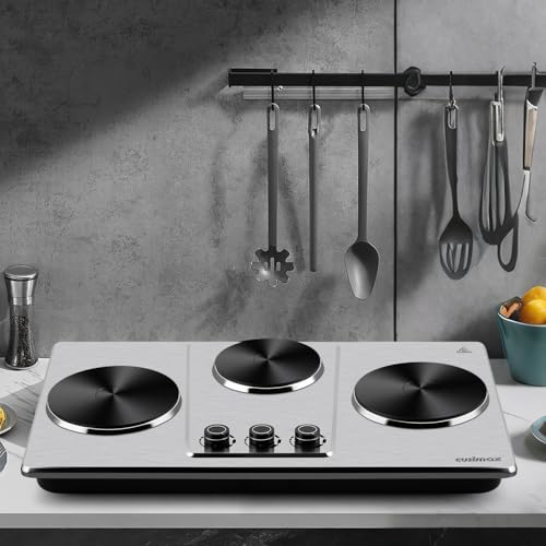 Silver Triple Burner Hot Plate - Countertop Electric Cooktop with 7" Cast Iron Surface