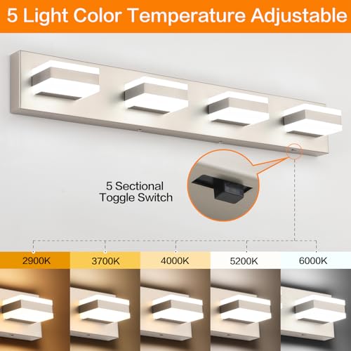 Brushed Nickel Bathroom Vanity Light Fixture - 4 LED Adjustable Color & Dimmable Over Mirror, 30 Inch