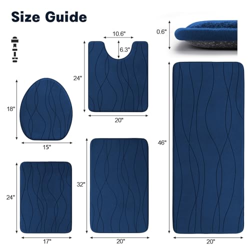 YIHOUSE 5-Piece Bathroom Rugs Set Memory Foam Bath Mat Navy Blue Dark Blue 3'10" x 1'8"