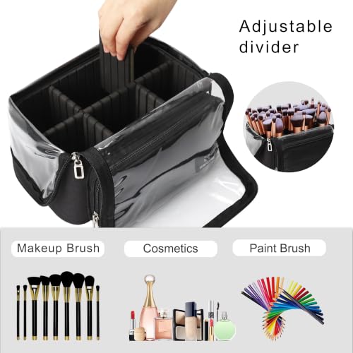 Large Makeup Brush Bag with Adjustable Dividers - Black, X-Large, Travel Friendly