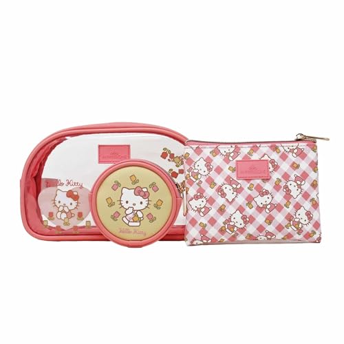 Impressions Vanity Hello Kitty 3 Piece Makeup Bag Set Includes Large, Medium, and Small Pouches, a Stylish Makeup Organizer Bag with Nested Design, and a Travel Cosmetic Bag for Women (Pink)
