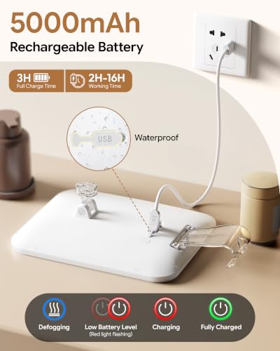 Gospire White Fogless Shower Mirror with Light & 5000mAh Battery - Adjustable & Suction Mount