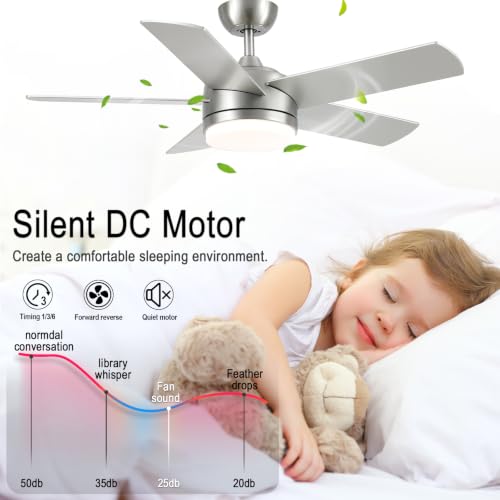 44 Inch Brushed Nickel Ceiling Fan with Light Remote DC Reversible 6-Speed